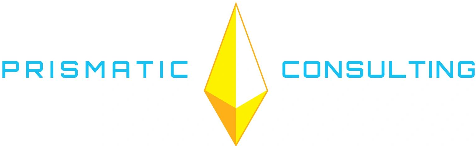 A logo for Prismatic Consulting with a yellow and orange prism graphic in the center. The text "PRISMATIC" is on the left and "CONSULTING" is on the right in blue letters.